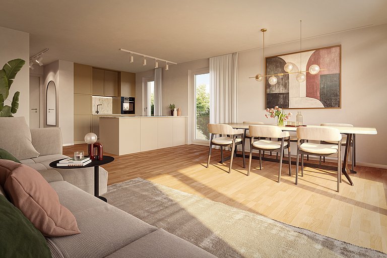 Neubau-Wohnbereich in Aschheim mit offener Küche, Esszimmer und moderner Ausstattung.