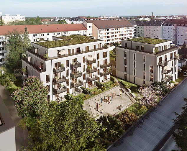 Luftaufnahme des Gebäudekomplexes mit Sicht auf den Innenhof.