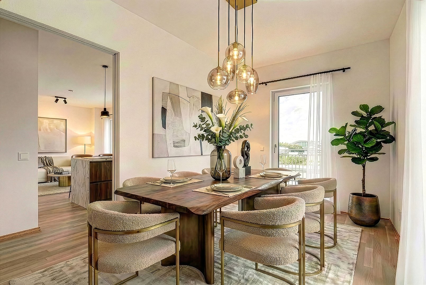 Helles Esszimmer mit Blick in den Wohnbereich in Wohnung 20 Helles Esszimmer mit großem Holzesstisch mit Blick in den Wohnbereich