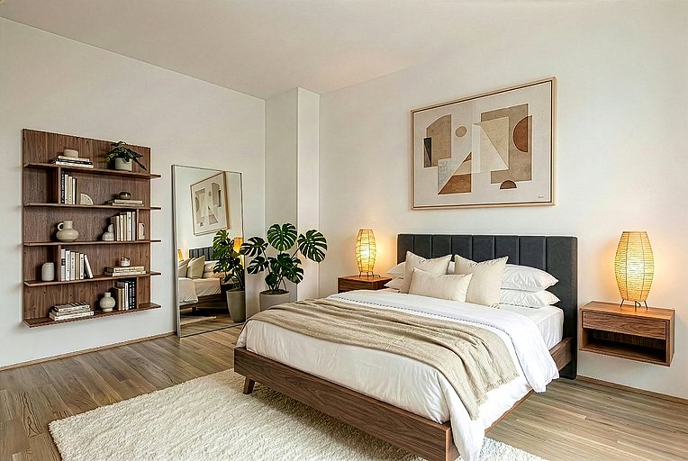 Gemütlich beleuchtetes Schlafzimmer in Wohnung 20 Gemütlich beleuchtetes Schlafzimmer mit Wandregal in Holzoptik in Wohnung 20
