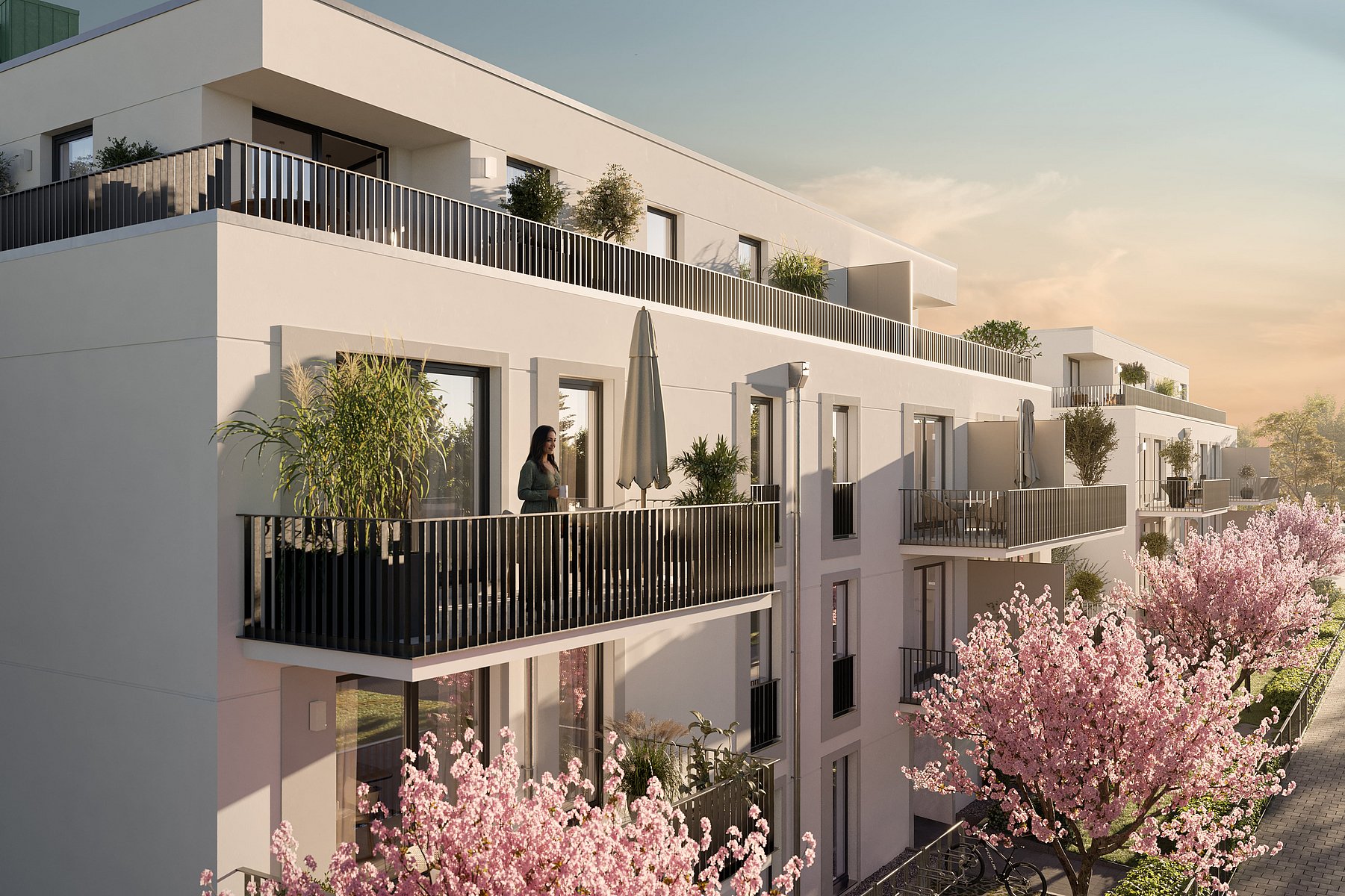 Illustration Außenansicht Illustrierte Gebäudeansicht mit bepflanzten Gärten und Balkonen.