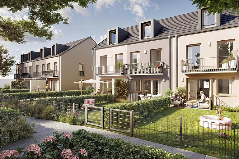 Moderne Neubau-Reihenhäuser in Aschheim mit Vorgarten, Stellplatz und familienfreundlicher Umgebung.