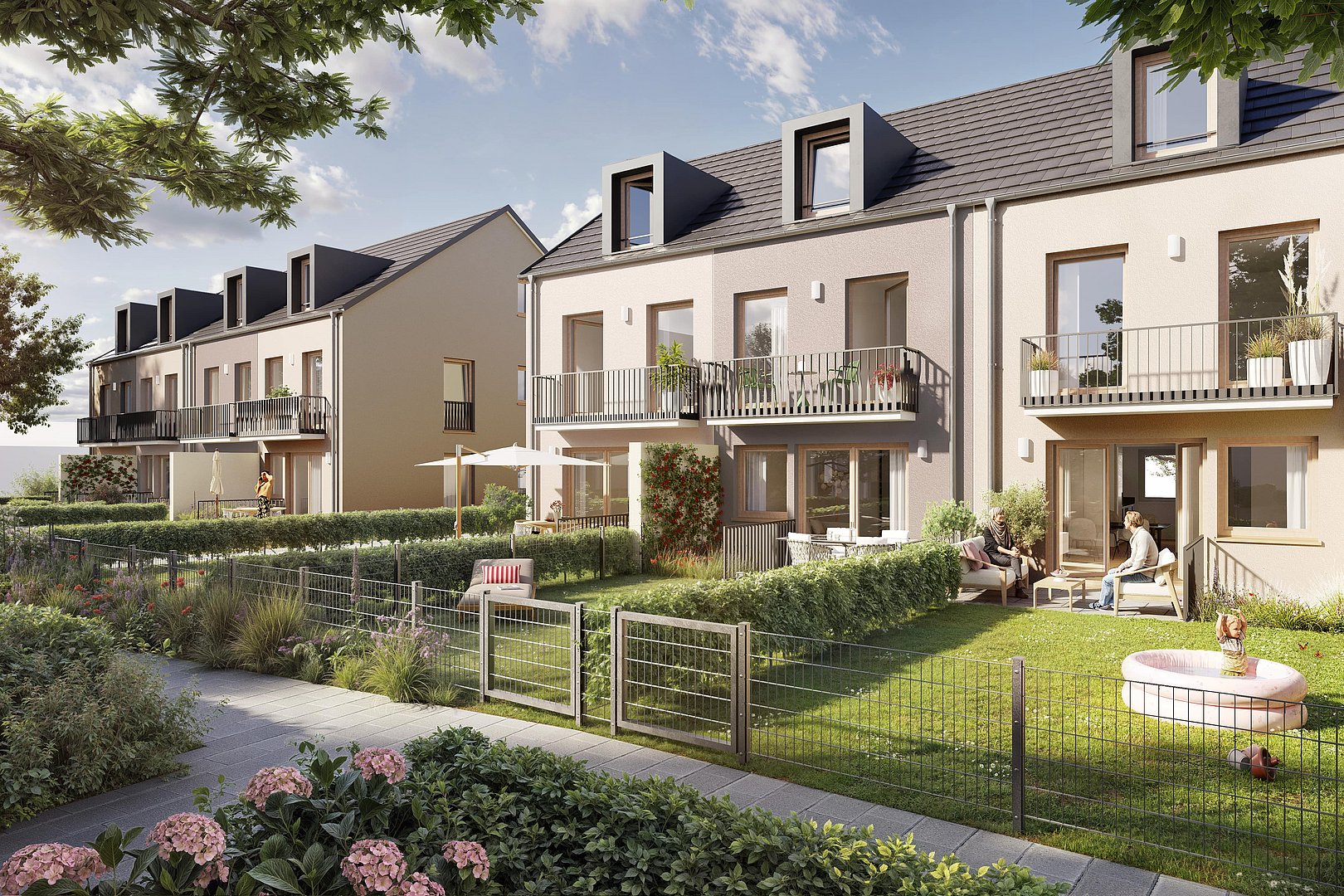 Moderne Neubau-Reihenhäuser in Aschheim mit Vorgarten, Stellplatz und familienfreundlicher Umgebung.