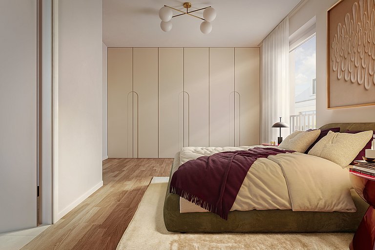 Neubau-Schlafzimmer in Aschheim mit Einbauschrank, Holzboden und modernem Design.