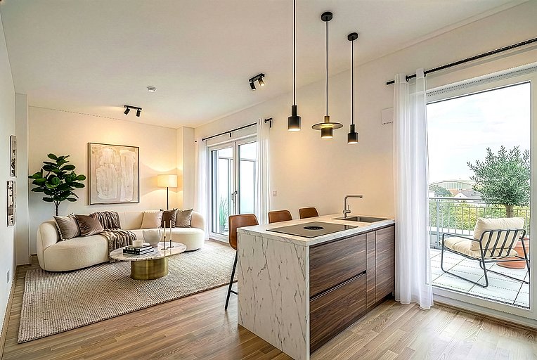 Offener Wohnbereich mit Kochblock und Balkon Wohnung 20 Offener Wohnbereich mit Kochblock und Blick zum begrünten Balkon Wohnung 20