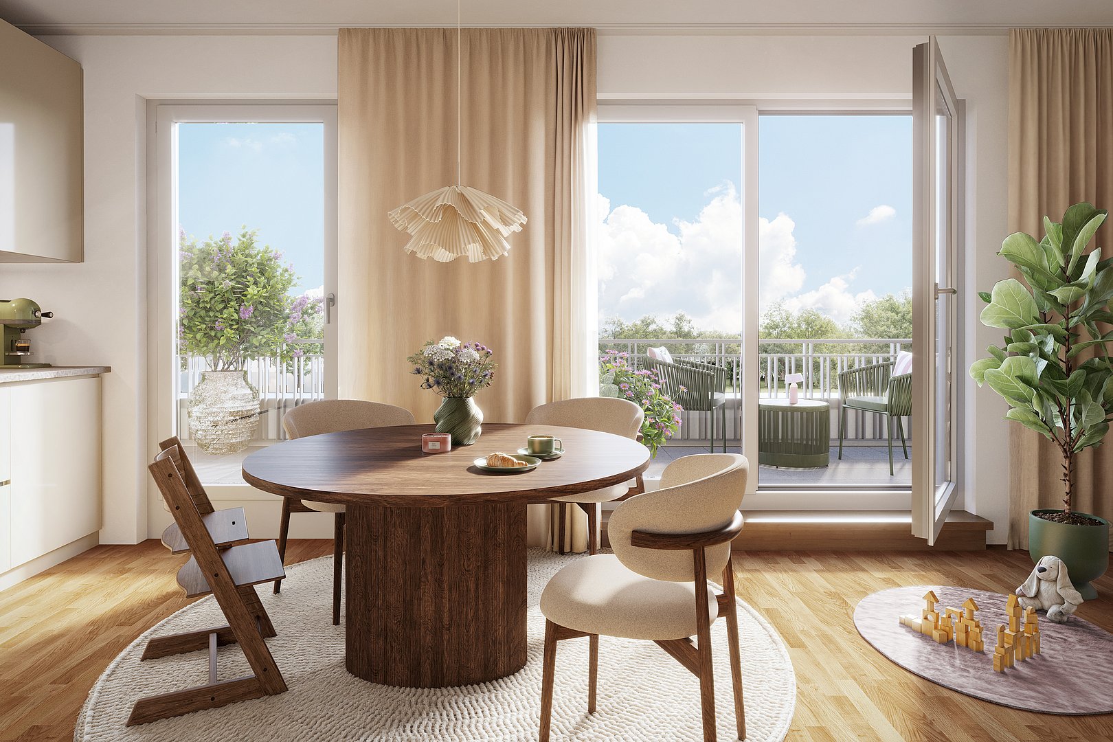 Heller, modern gestalteter Essbereich mit rundem Holztisch, bodentiefen Fenstern und Balkon – hochwertige Neubauwohnung in München