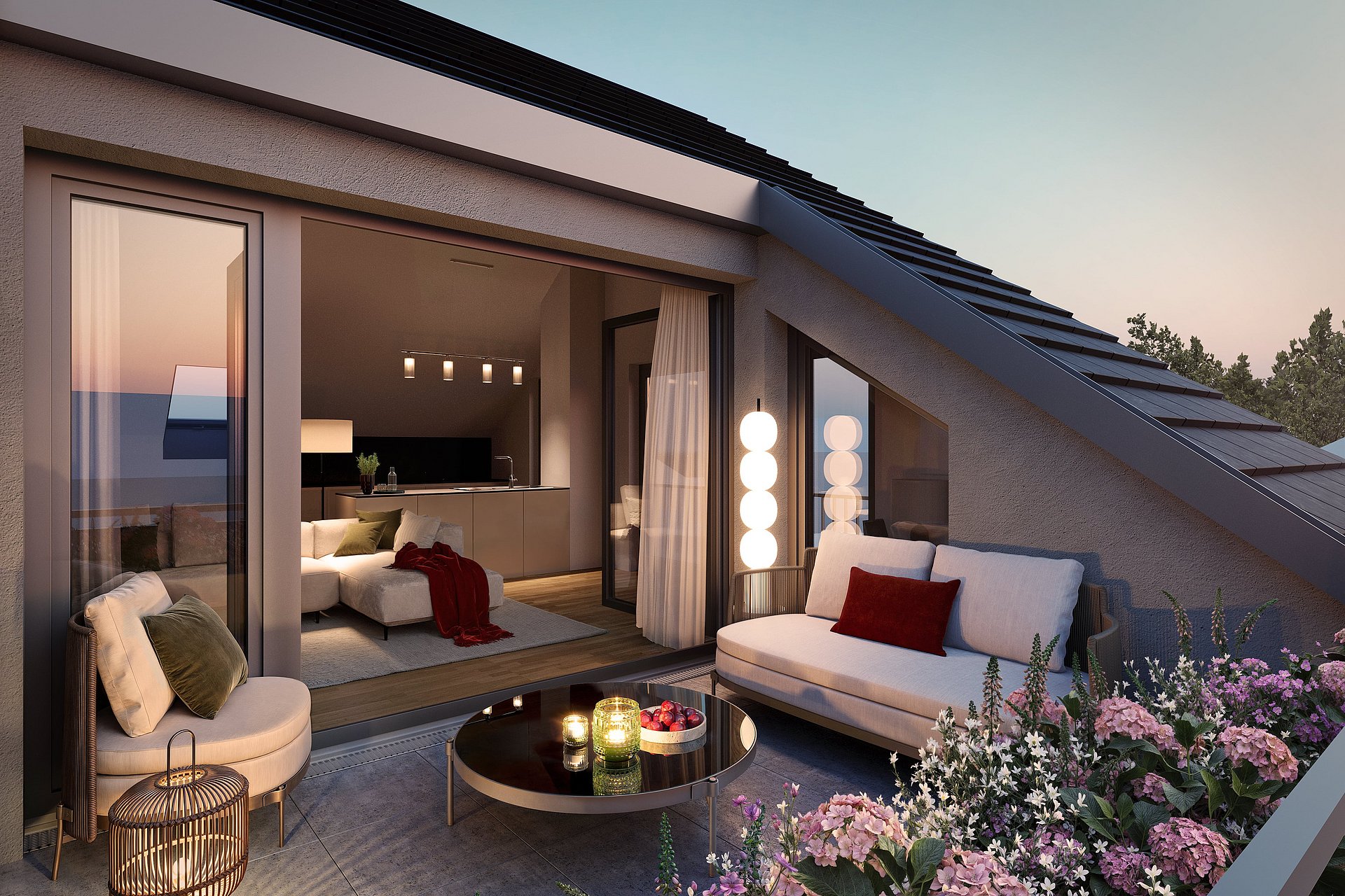 Neubau-Dachterrasse in Aschheim mit stilvoller Möblierung, Blumenbeeten und direktem Zugang zum Wohnbereich.