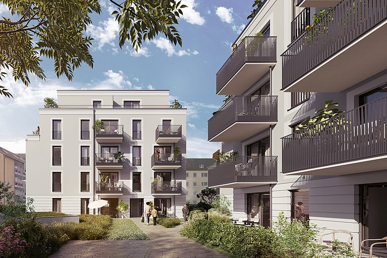 Zwei visualisierte Gebäudeneubauten mit Balkonen.