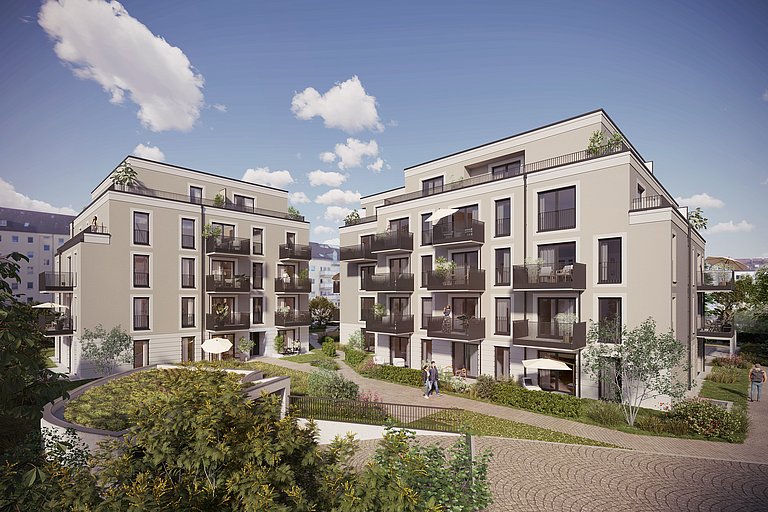 Außenansicht des begrünten Innenhofs mit Spaziergängern.