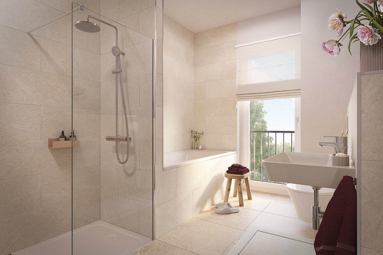 Modernes Badezimmer mit Glasdusche, Badewanne und hellem Naturstein-Design in Aschheim.