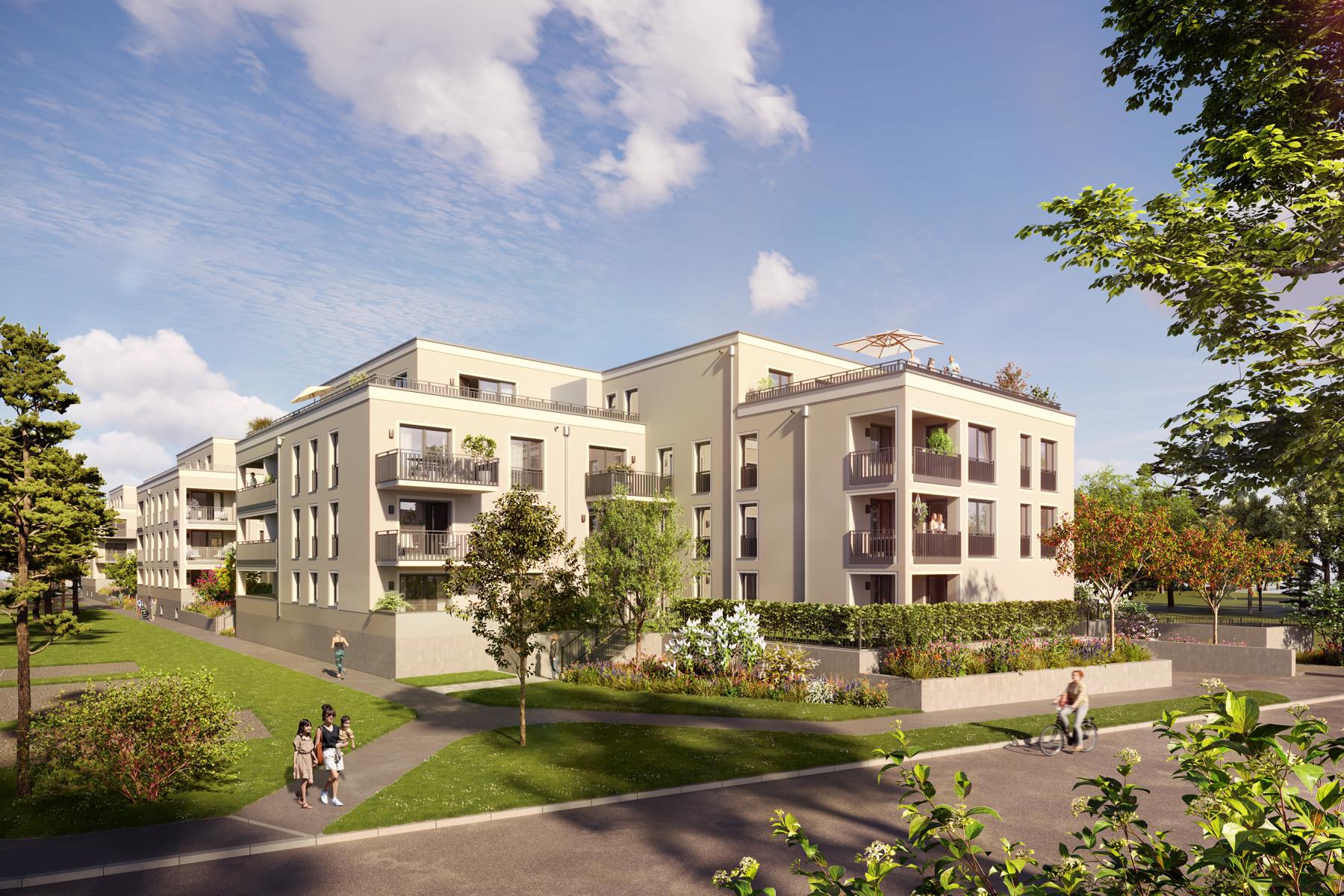 Visualisierung der Straßenansicht in Oberschleißheim mit Spaziergängern.